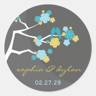 Blaue Kirschblüten lieben Vögel Hochzeitsticker Runder Aufkleber