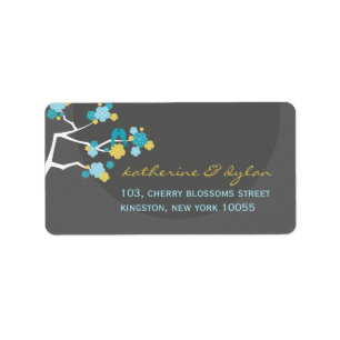 Blaue Kirsche Blüten Love Birds Hochzeitstempel Adressaufkleber