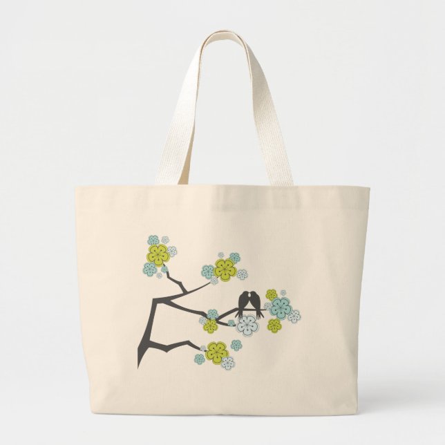 Blaue Kirsche Blüten Love Birds Hochzeitstorte Jumbo Stoffbeutel (Vorne)