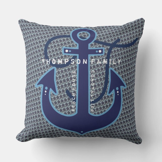 Blaue Kissen mit Familienname und Bootsanker (Vorderseite)