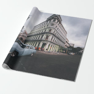 Blaue klassische Vintage-Autostadtansicht Geschenkpapier