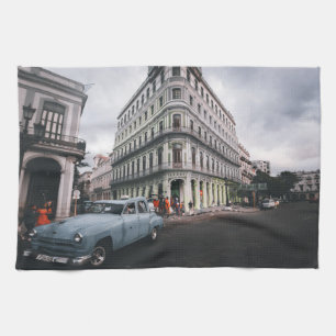 Blaue klassische Vintage-Autostadtansicht Geschirrtuch