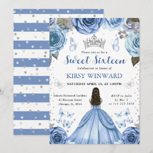 Blaue-Kleid-Braunhaar-Prinzessin Sweet 16 Einladung