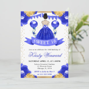 Blaue-Kleid-Braunhaar-Prinzessin Sweet 16 Einladung