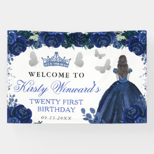 Blaue Kleid Braunhaarige Prinzessin Floral Geburts Banner
