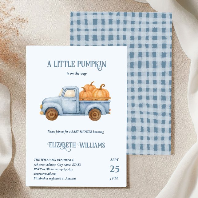 Blaue kleine Pumpkin Truck Baby Dusche minimalisti Einladung (Little Pumpkin Baby Shower Invitation with Rustic Truck & Fall Charm)