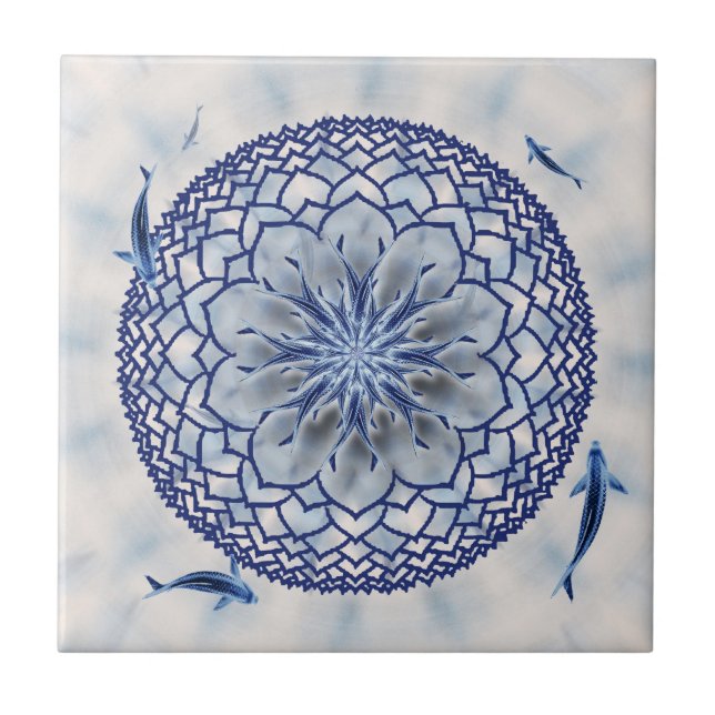 Blaue Koi Lotosmandala-Keramik-Fliese Fliese (Vorderseite)