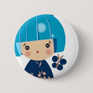 Blaue Kokeshi Dreiergruppe-nahes hohes Button