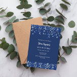 Blaue Konfetti-Prämie Einladung<br><div class="desc">Modernes, elegantes und einladendes Hotel. Ein marineblauer blauer Hintergrund mit blauen Konfetti. Personalisieren und fügen Sie einen Namen und Details. Weißer Text.</div>