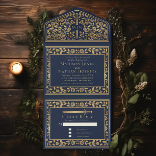 Blaue königliche mittelalterliche Schwert-Hochzeit All In One Einladung