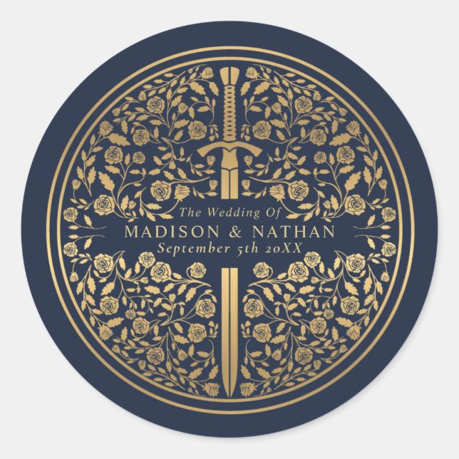 Blaue Königsschwerthochzeit Runder Aufkleber (Vorderseite)