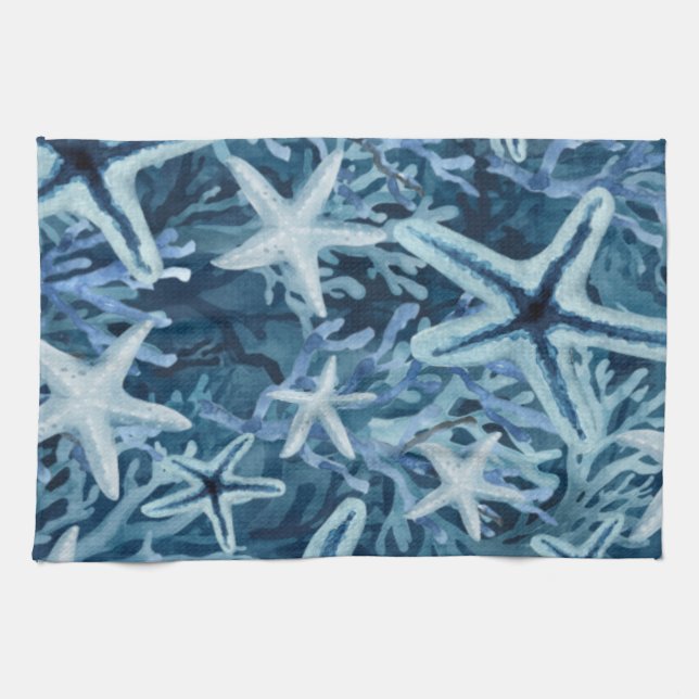 Blaue Korallenstern-Seeboden-Muster Geschirrtuch (Horizontal)