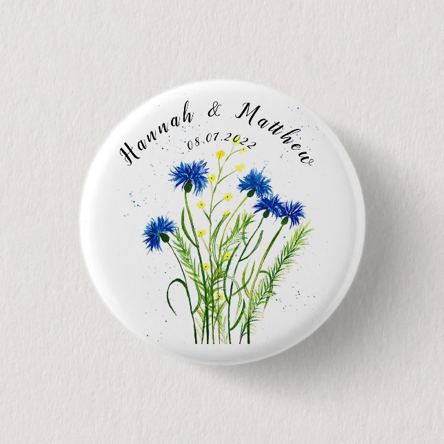 Blaue Kornblumen Blumen Aquarell hübsch Hochzeit Button (Vorderseite)