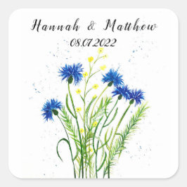 Blaue Kornblumen Blumen Aquarell hübsch Hochzeit Quadratischer Aufkleber