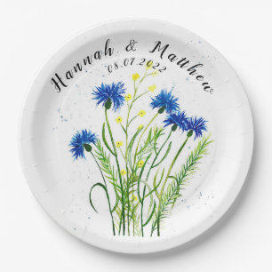 Blaue Kornblumen Blumen Aquarell hübsche Hochzeit  Pappteller