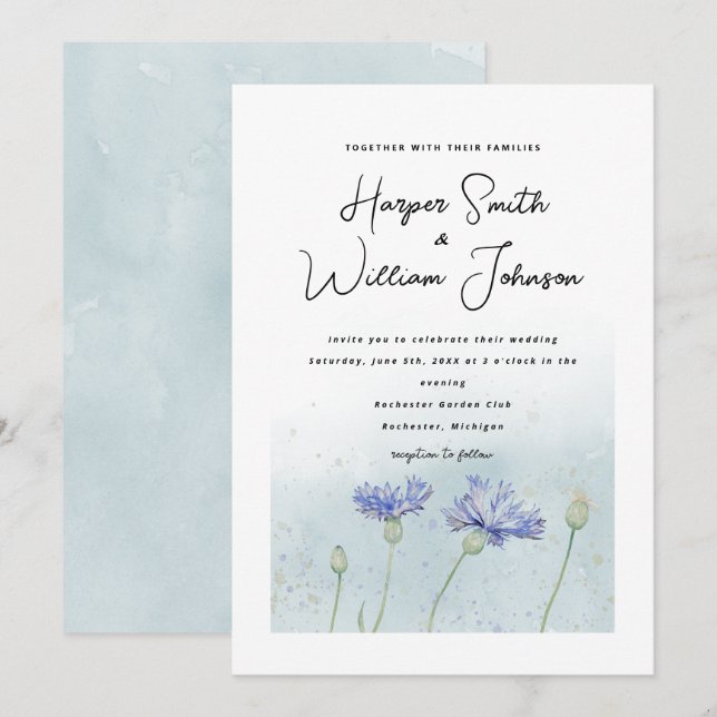 Blaue Kornblumen Hochzeitsfeier Einladung (Vorne/Hinten)