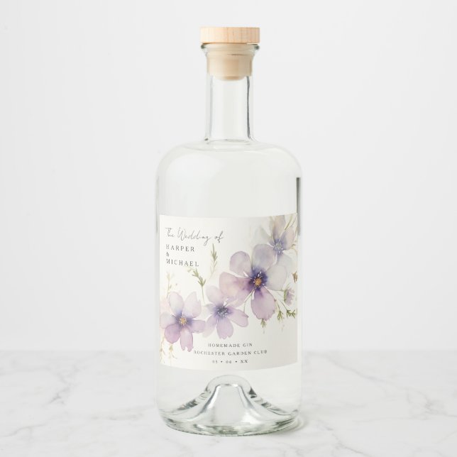 Blaue Kosmos Blume personalisiert Hochzeit Alkoholflaschenetikett (Vorderseite)