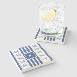 Blaue Krabbe Küstennautisches Monogramm Steinuntersetzer