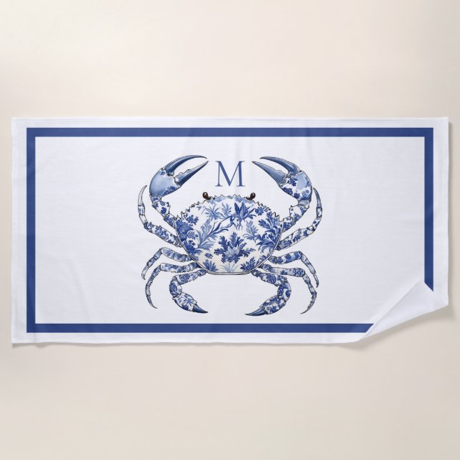 Blaue Krabbe Küstennautisches Monogramm Strandtuch (Vorderseite)