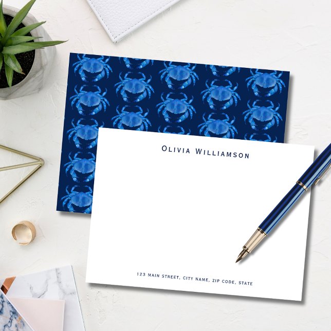 Blaue Krabbe Seaside Ocean Muster Mitteilungskarte (Blue coastal crab, crustacean illustrated notecard. Personalize with your name & address details.)