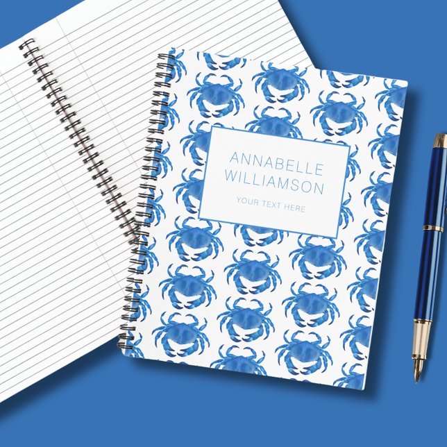 Blaue Krabbe Seaside Ocean Muster Notizbuch (Blue crab notebook; personalize with your own name/choice of text.  Other colors and matching items)
