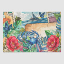 Blaue Krabbe Tropische Blumen & Schmetterlinge