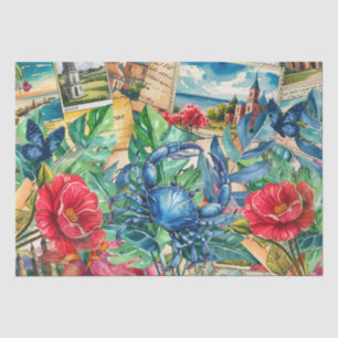 Blaue Krabbe Tropische Blumen & Schmetterlinge Seidenpapier