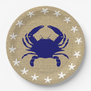 Blaue Krabbe u. weiße Starfish-Seestrand "Leinwan Pappteller