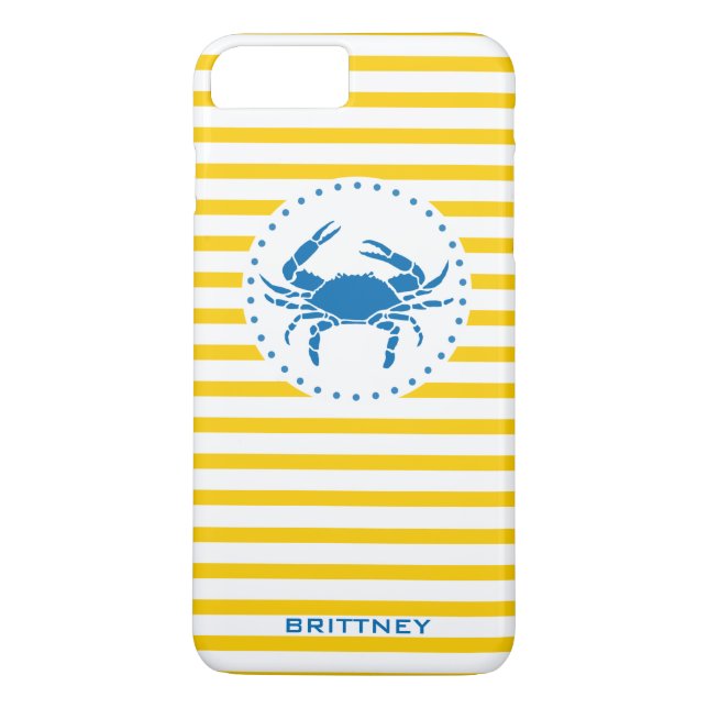 Blaue Krabben-Gelb-gestreiftes mit Monogramm Case-Mate iPhone Hülle (Rückseite)