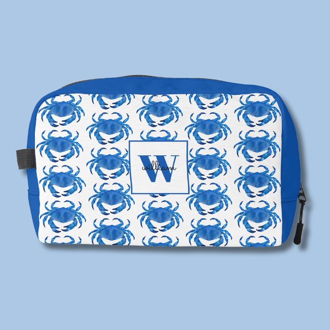 Blaue Krabbenmuster Waschbeutel (Blue crab personalized dopp kitt bag front)