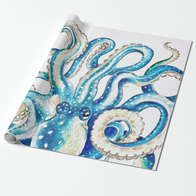 Blaue Kraken-Comic-Art Geschenkpapier (Ungerollt)