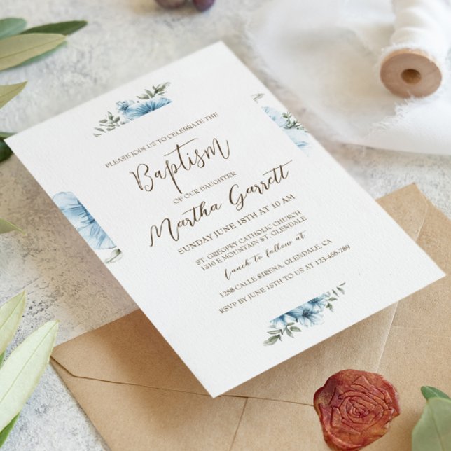 Blaue Kreuz-Blume fallen Mädchen-Taufe Einladung (Von Creator hochgeladen)