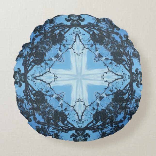 Blaue Kreuz-Natur-Muster runder Polster (Vorderseite)
