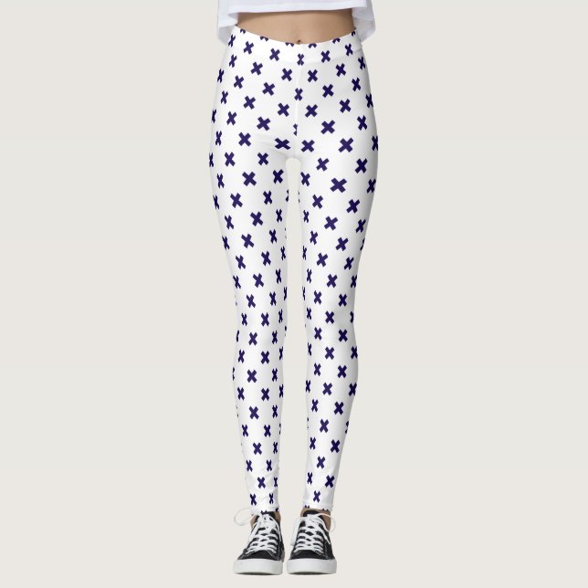Blaue Kreuzstiche auf weiß Leggings (Vorderseite)