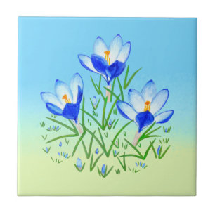 Blaue Krokus Hellblaue und gelbe Keramikfliese