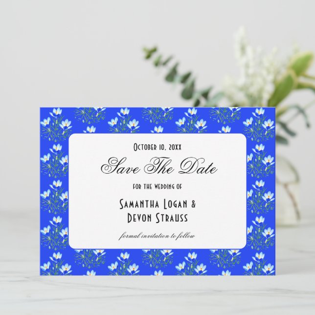 Blaue Krokus-Hochzeit Save The Date (Stehend Vorderseite)