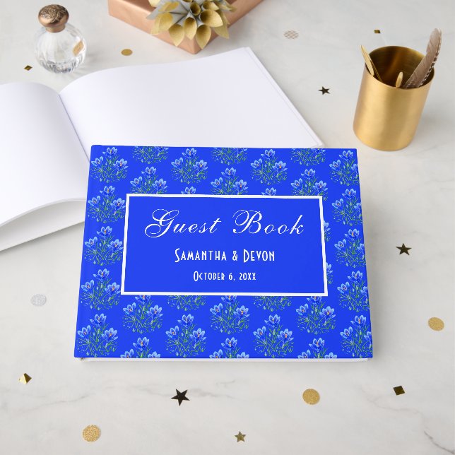Blaue Krokusse Hochzeit Gästebuch (Vorderseite Offen)