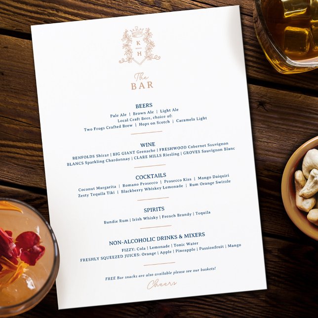 Blaue Krone Wappen Monogramm Hochzeit Bar Menükarte (Von Creator hochgeladen)