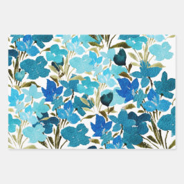 Blaue künstlerische Wildblumen Wasserfarben Muster Geschenkpapier Set