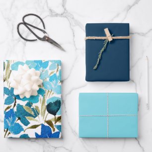 Blaue künstlerische Wildblumen Wasserfarben Muster Geschenkpapier Set