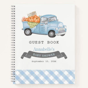 Blaue Kürbislastwagen-Gingham-Baby-Party-Gästebuch Notizbuch