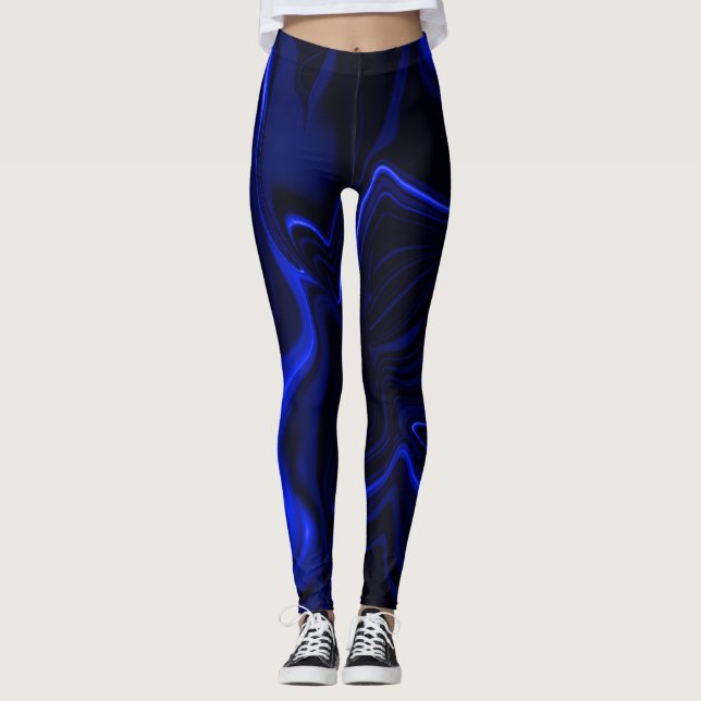 Blaue Kurven und Wellenmuster in dunkelblauem Bild Leggings (Vorderseite)