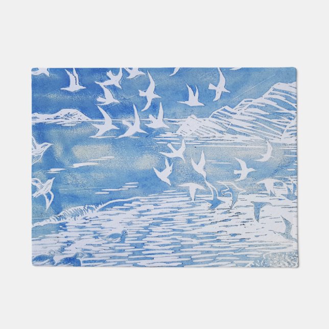 Blaue Küste Vögel Moderne Wasserfarben Kunst Fußmatte (Vorderseite)