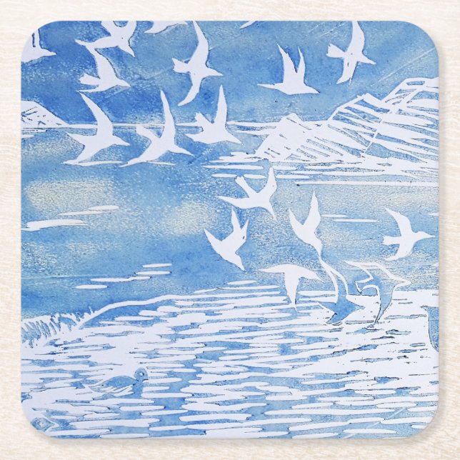 Blaue Küste Vögel Moderne Wasserfarben Kunst Rechteckiger Pappuntersetzer (Vorderseite)