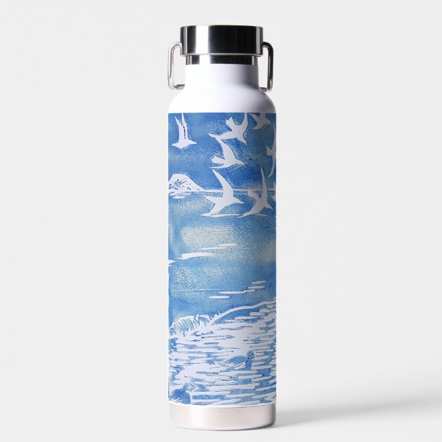 Blaue Küste Vögel Moderne Wasserfarben Kunst Trinkflasche (Vorne)