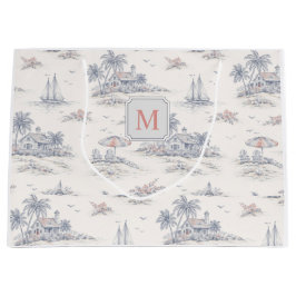 Blaue Küsten-Tropen-Französische Toile Monogramm Große Geschenktüte