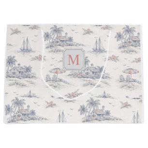 Blaue Küsten-Tropen-Französische Toile Monogramm Große Geschenktüte