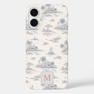 Blaue Küsten-Tropen-Französische Toile Monogramm iPhone 16 Hülle