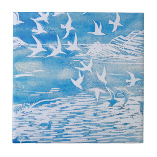 Blaue Küsten-Vogel-moderne Aquarell-Kunst Fliese