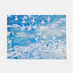 Blaue Küsten-Vogel-moderne Aquarell-Kunst Fußmatte
